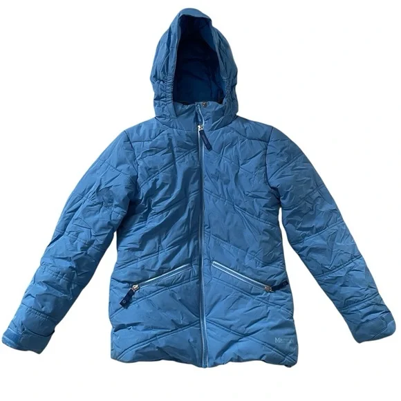 Marmot Girls Val D’Sere Hooded Winter Skiing Puffer Jacket, Blue Size Large - Picture 1 of 6